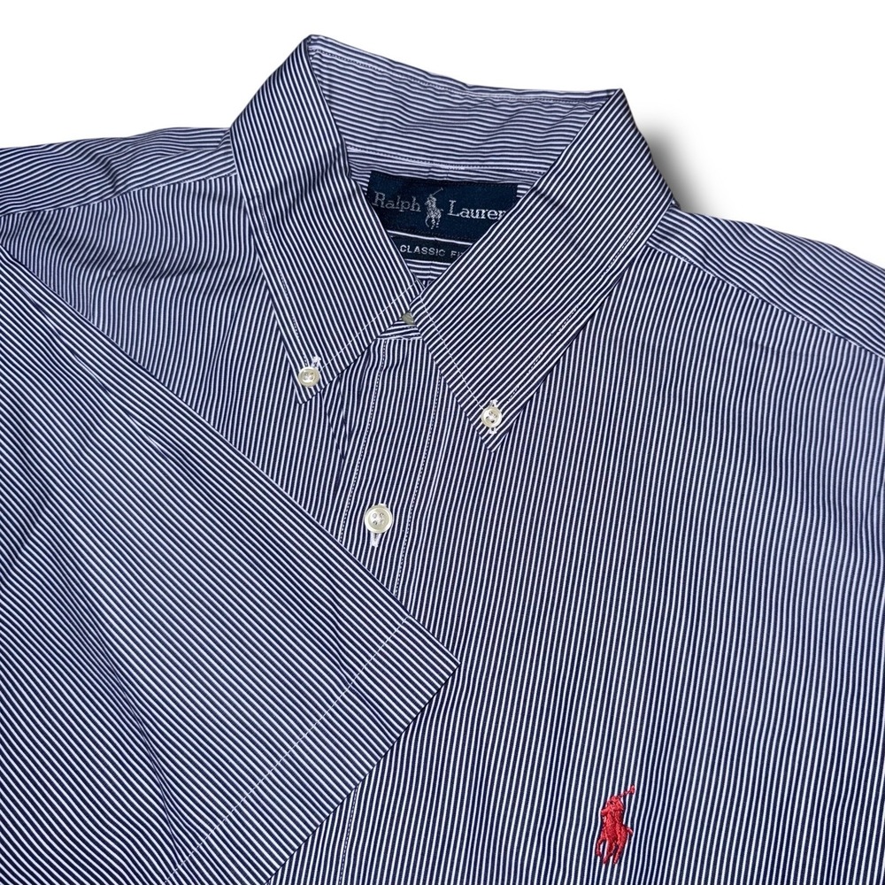 RALPH LAUREN Button Down‎ Shirt Men Large Blue Striped Classic Fit S/S